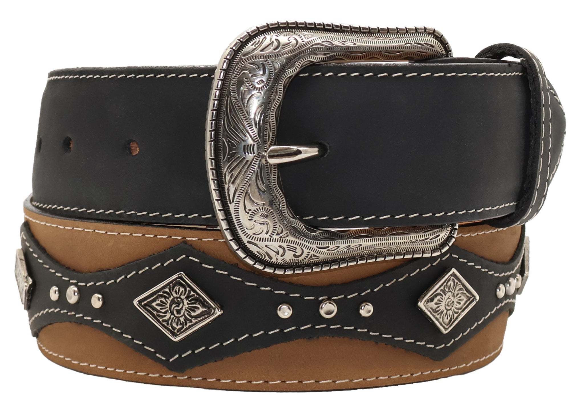 Silverton West Concho 5D All Leather Studded Belt (Black/Tobacco) 38