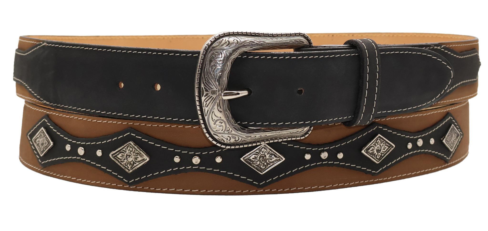 Silverton West Concho 5D All Leather Studded Belt (Black/Tobacco) Caballero Western Wear Silverton West Concho 5D All Leather Studded Belt (Black/Tobacco) Caballero Western Wear