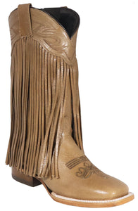 Silverton Chloe Fringe All Leather Wide Square Toe Boots (Beige)