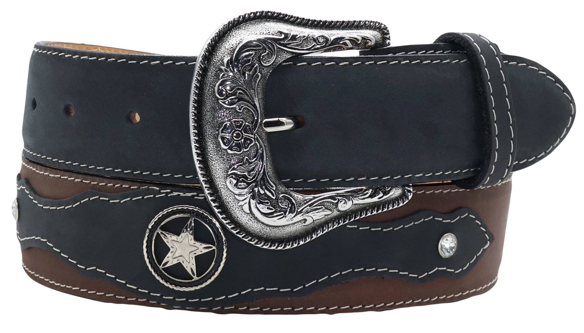 Silverton Concho Star All Leather Western Belt (Black/Brown) Caballero Western Wear Silverton Concho Star All Leather Western Belt (Black/Brown) Caballero Western Wear