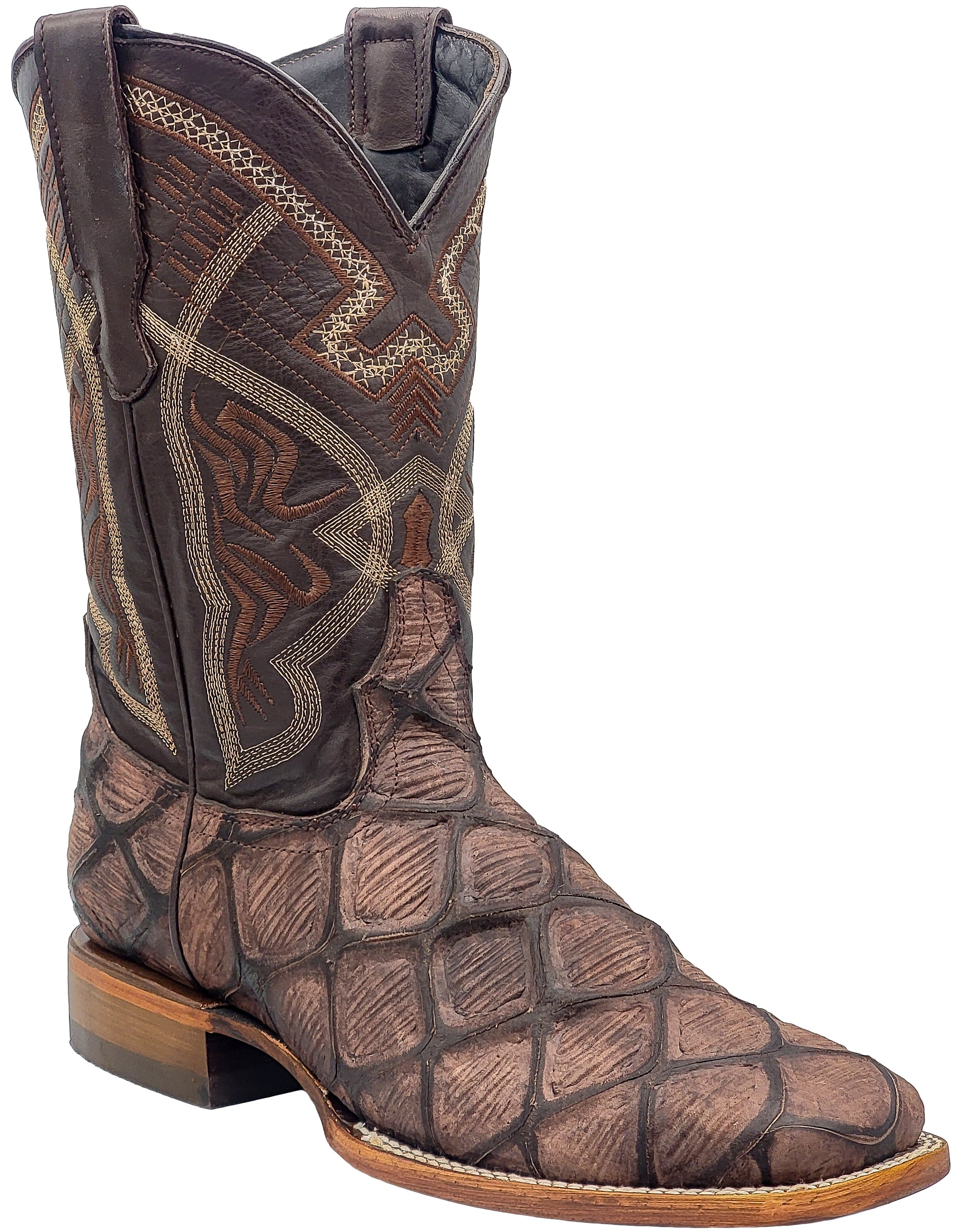 Silverton Pirarucu Mate Print Leather Wide Square Toe Boots (Brown