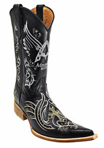 Admirable® Barcelona All Leather Embroidered Cross & Angel Wing X Toe Boots (Black)