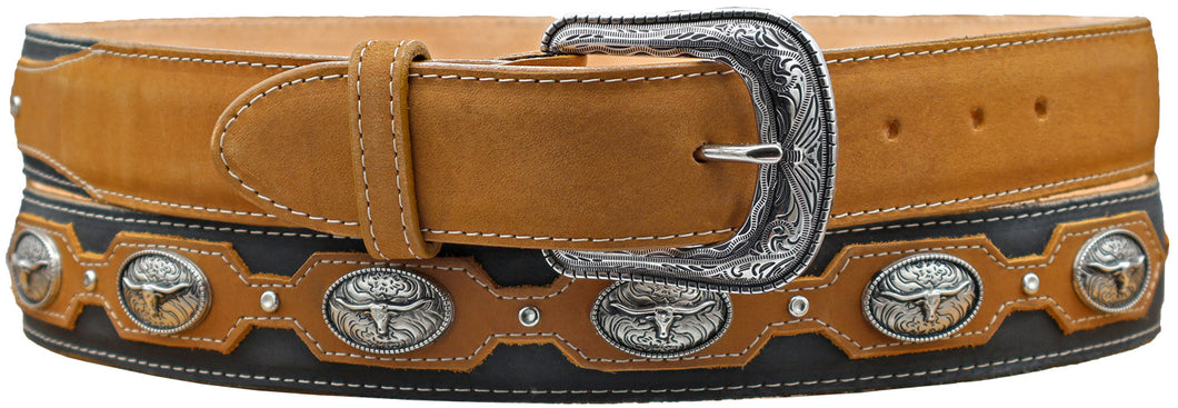 Silverton Concho Longhorn All Leather Belt (Honey/Black)