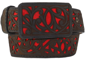 Silverton Laser Cut All Leather Belt (Choco/Red)