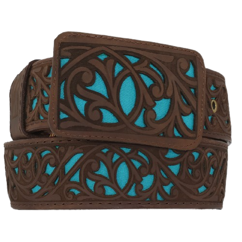 Silverton Laser Cut All Leather Belt (Brown/turquoise)
