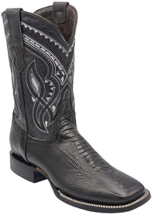 Silverton Ostrich Leg Print Leather Wide Square Toe Boots (Black)