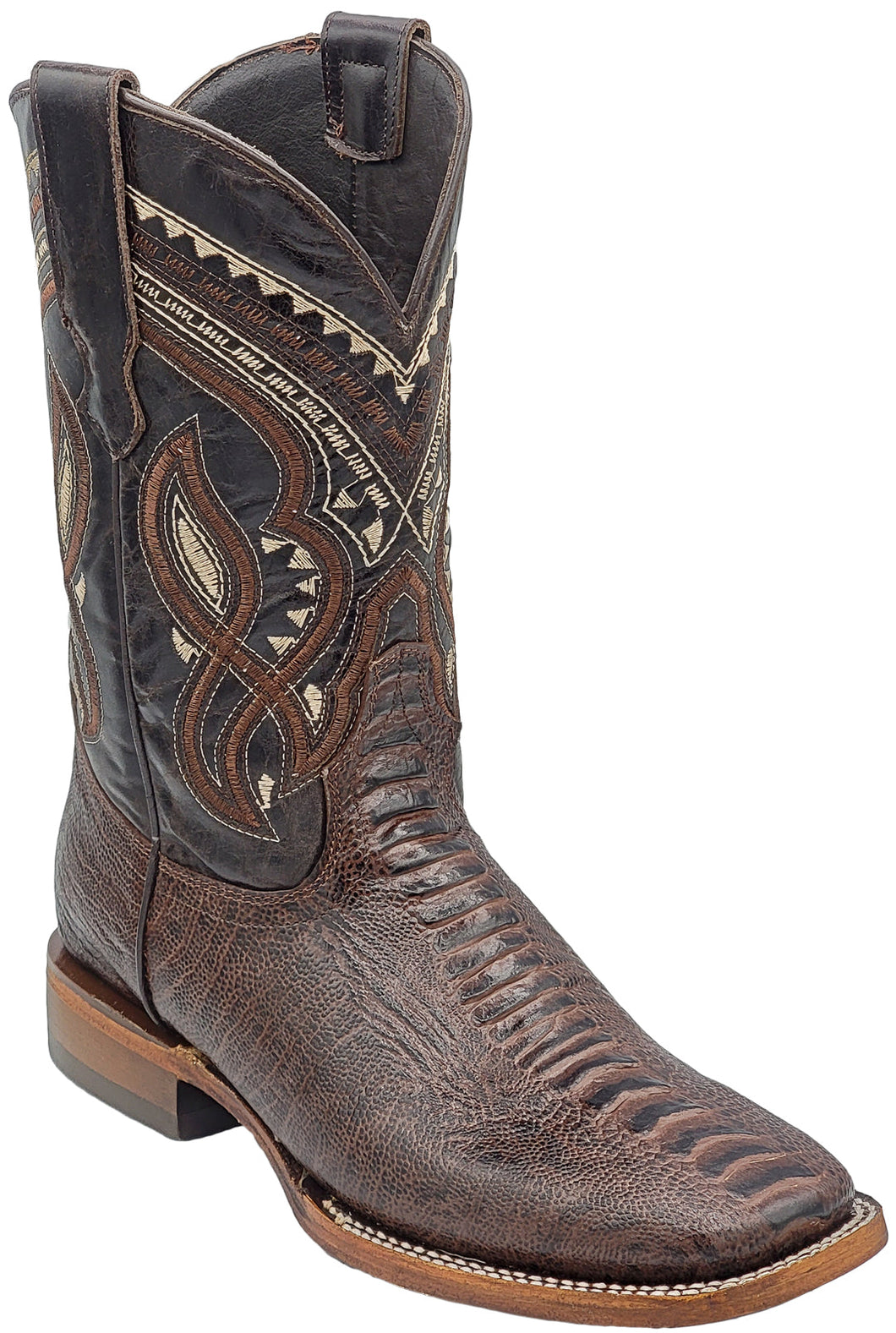 Silverton Ostrich Leg Print Leather Wide Square Toe Boots (Brown)