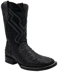 Silverton Ostrich Print Leather Wide Square Toe Boots (Black)