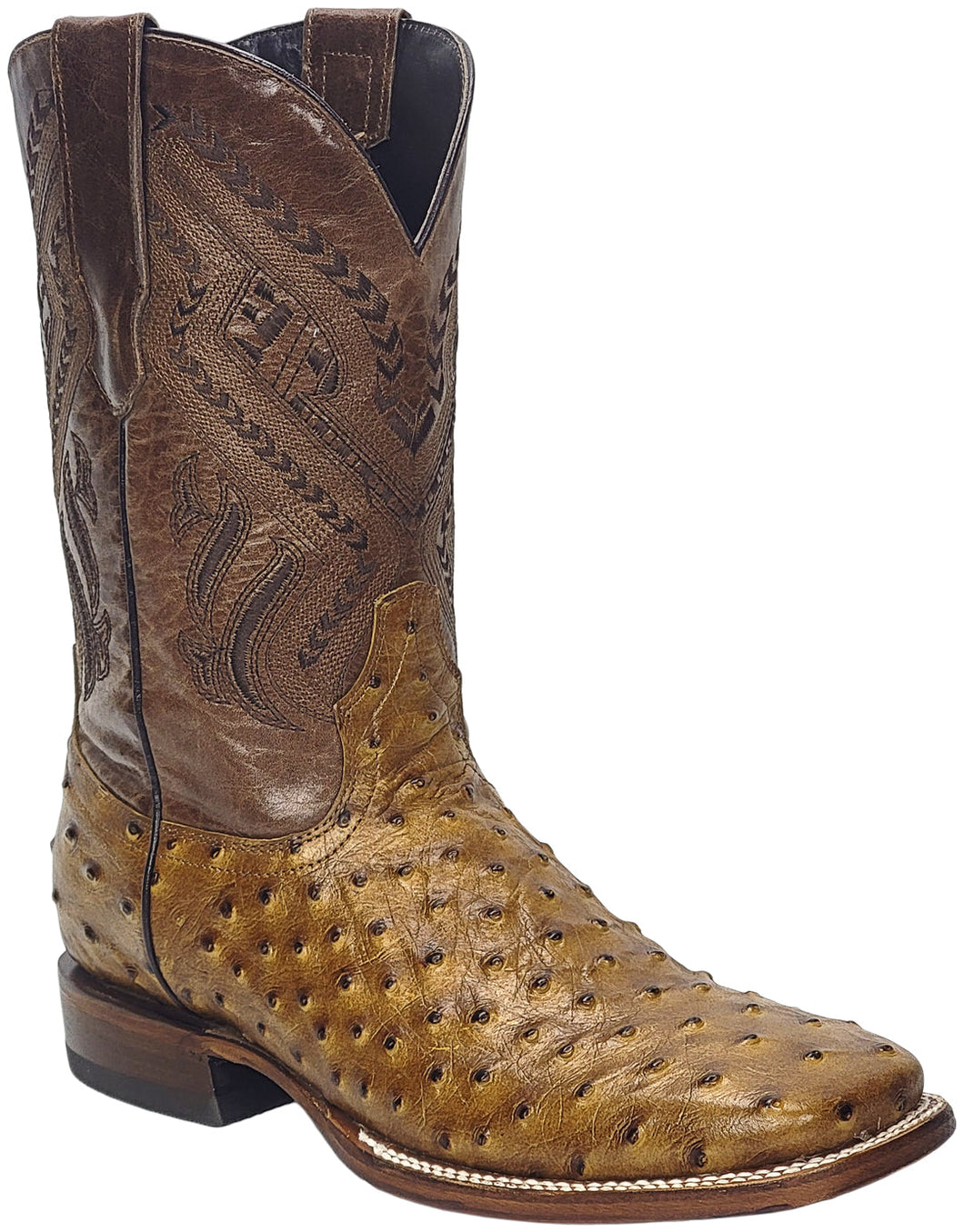 Silverton Ostrich Print Leather Wide Square Toe Boots (Honey)