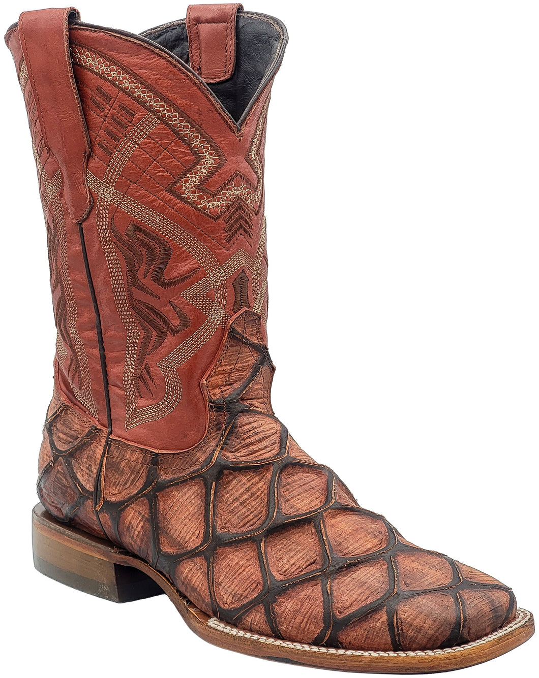 Silverton Pirarucu Print Leather Wide Square Toe Boots (Shedron)